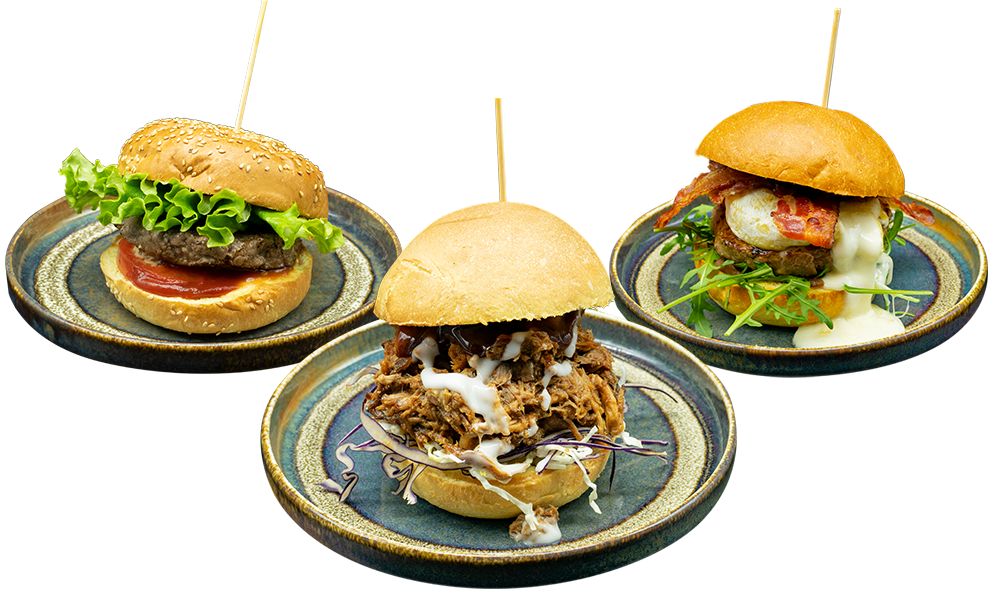 Tris di hamburger Capo Nord: Atomic burger, Pulled pork burger e hamburger